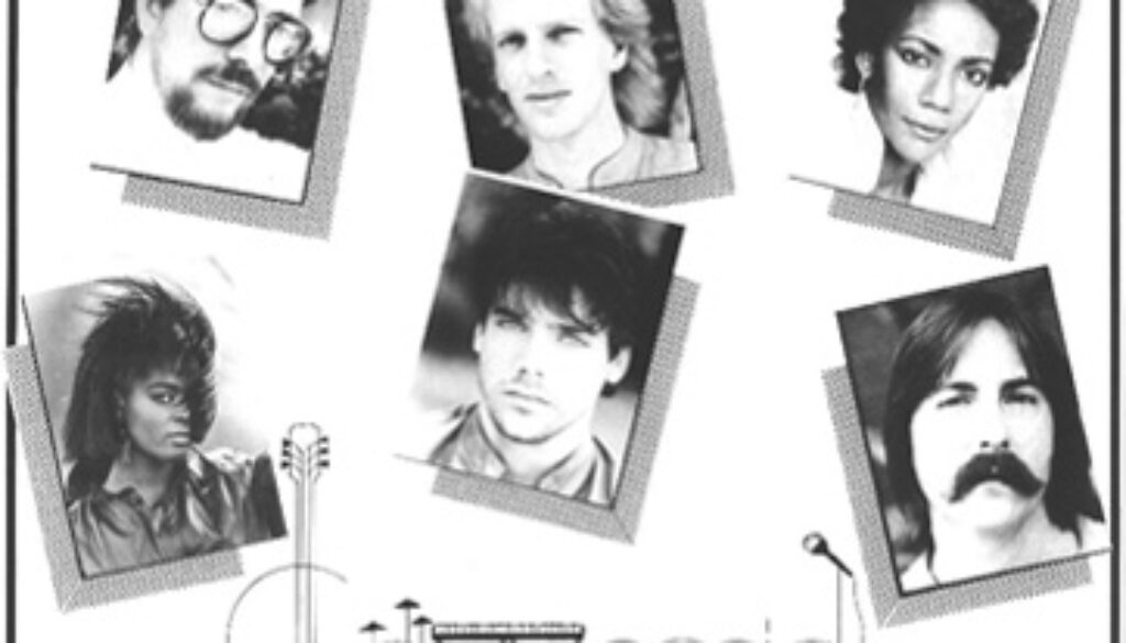 A black and white photo of people with microphones.